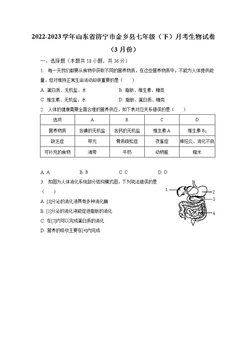 2022-2023学年山东省济宁市金乡县七年级（下）月考生物试卷（3月份）（含解析）第1页