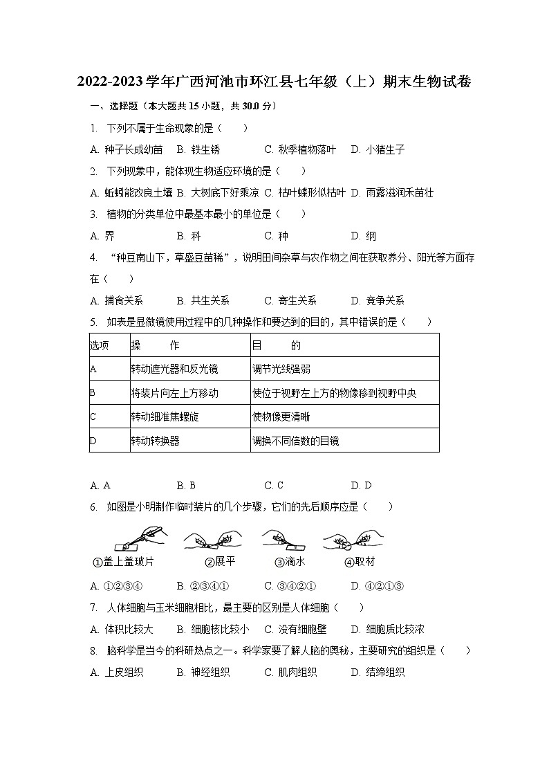 2022-2023学年广西河池市环江县七年级（上）期末生物试卷（含解析）01