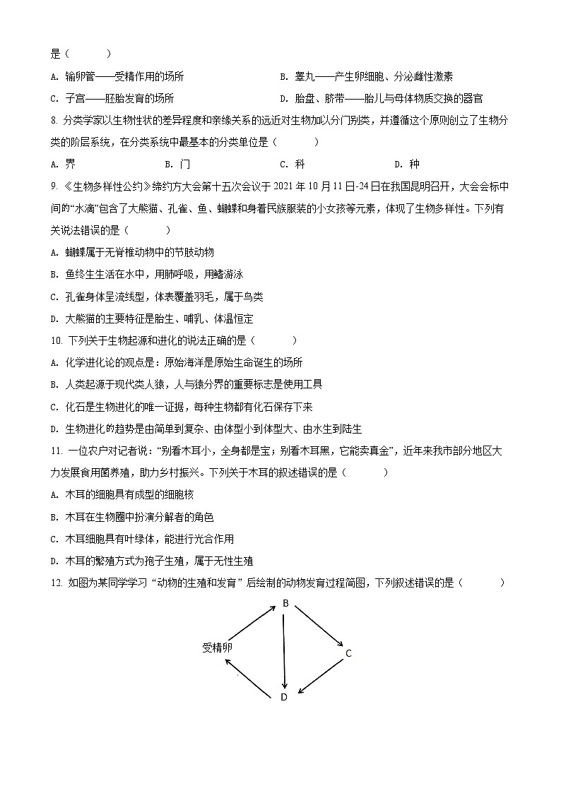 2022年贵州省铜仁市初中学业水平考试生物试题02
