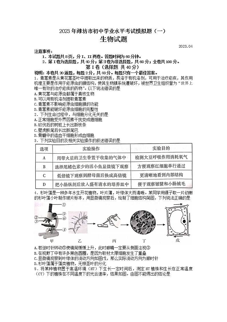 2023年山东省潍坊市城区中考一模生物试题01