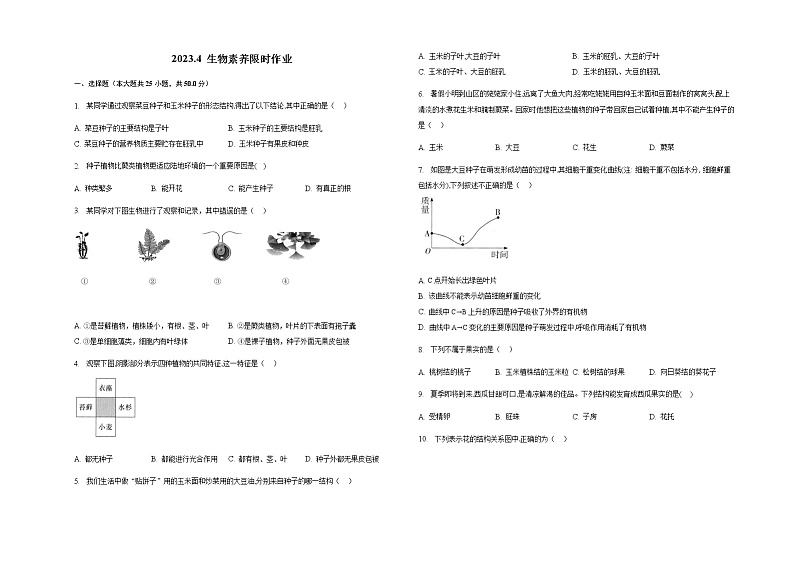 山东省东营市广饶县广饶县4月四校联考2022-2023学年六年级下学期4月月考生物01