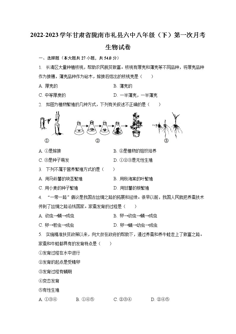 2022-2023学年甘肃省陇南市礼县六中八年级（下）第一次月考生物试卷（含解析）01