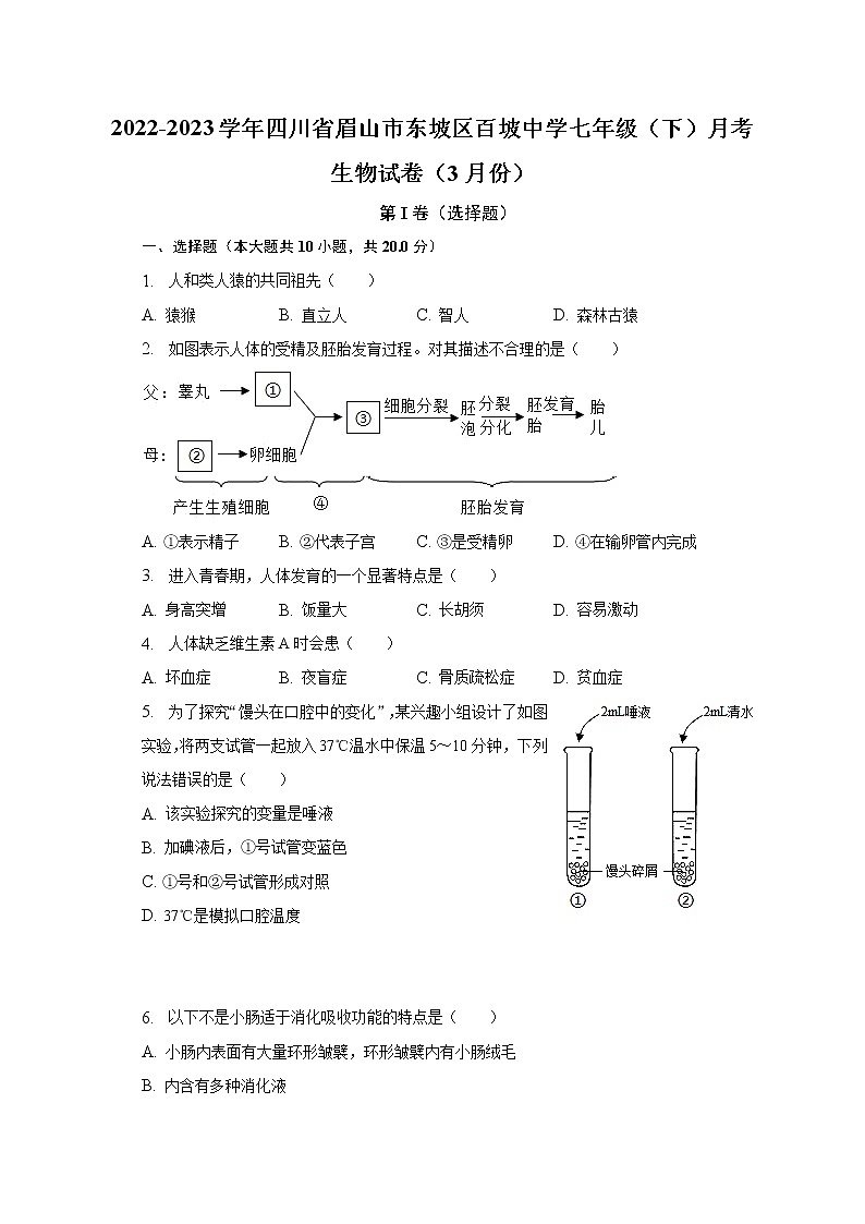 2022-2023学年四川省眉山市东坡区百坡中学七年级（下）月考生物试卷（3月份）（含解析）第1页