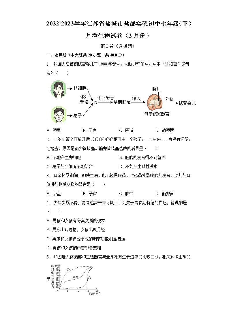 2022-2023学年江苏省盐城市盐都实验初中七年级（下）月考生物试卷（3月份）（含解析）01
