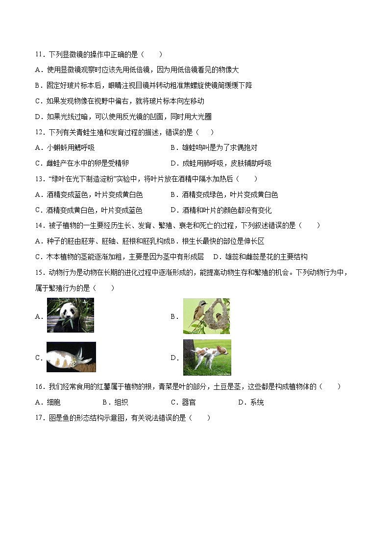 初中生物中考复习 （福建卷）2021年中考生物第一次模拟考试（A4考试版）03