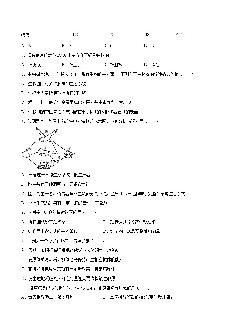 初中生物中考复习 （广东卷）2021年中考生物第一次模拟考试（A4考试版）02