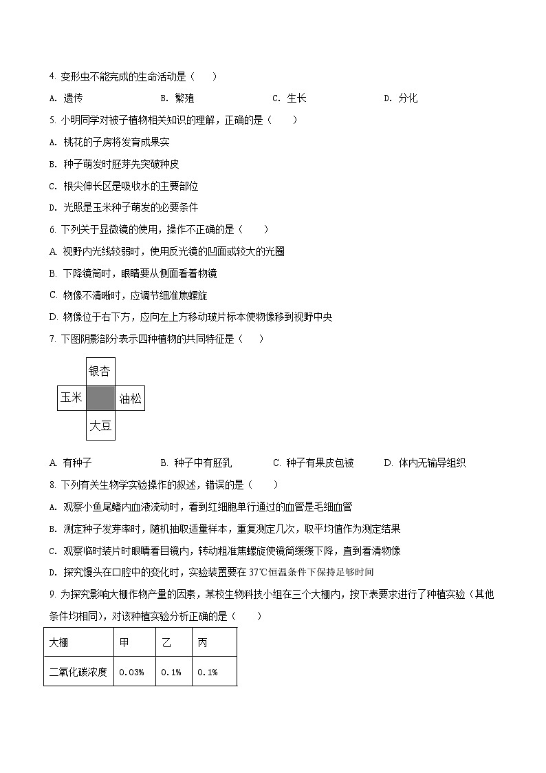 初中生物中考复习 （人教版）2021年中考生物第一次模拟考试（A4考试版）02