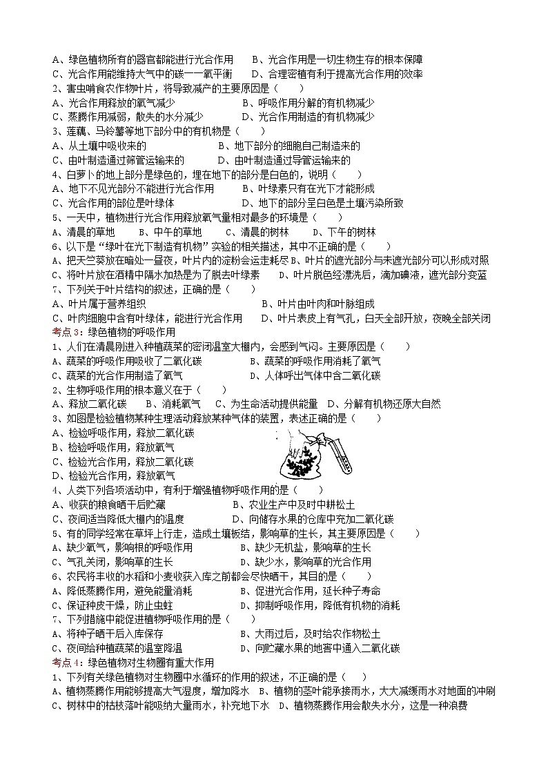 初中生物中考复习 2020届初中生物中考一轮复习考点测试题4绿色植物的生活02