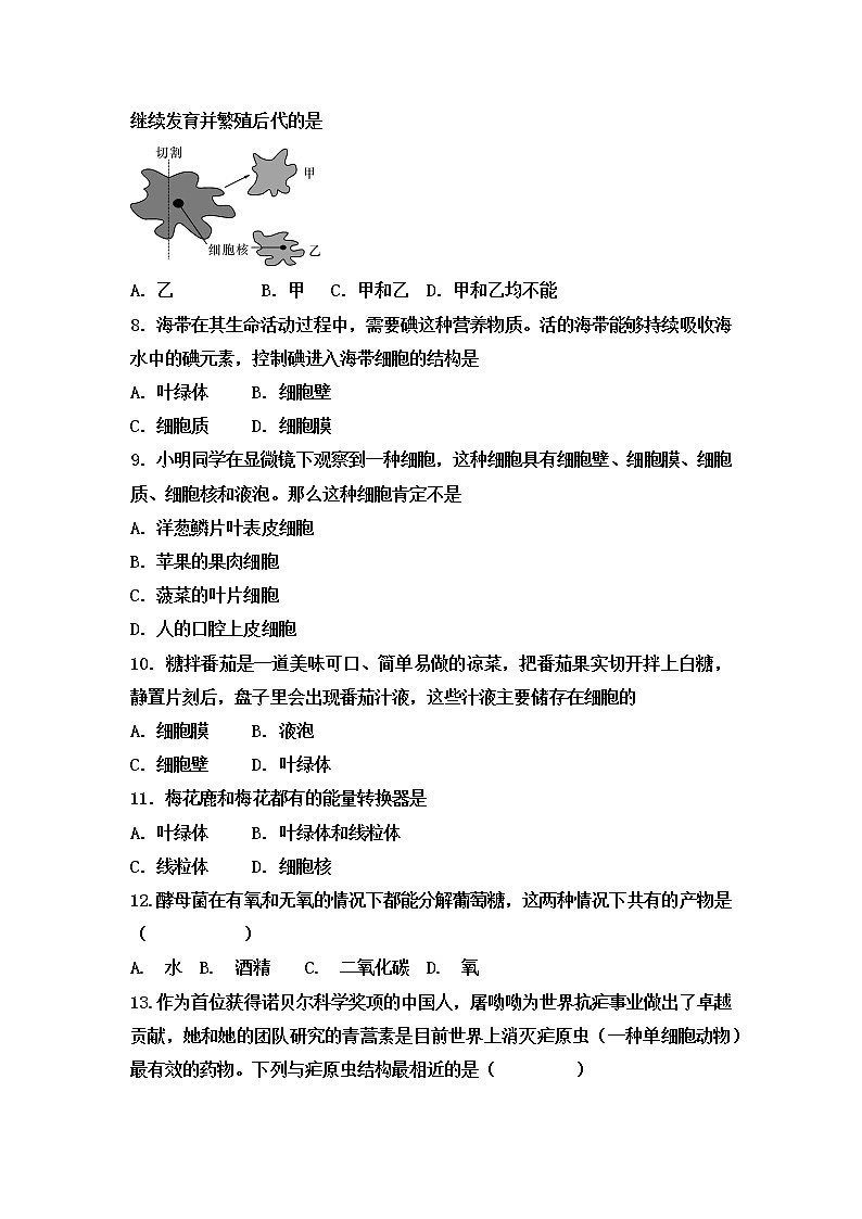 初中生物中考复习 2020届中考生物复习跟踪检测：细胞和生物02