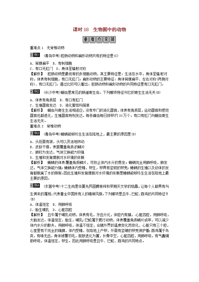 初中生物中考复习 2019年中考生物总复习主题七生物的多样性课时18生物圈中的动物01