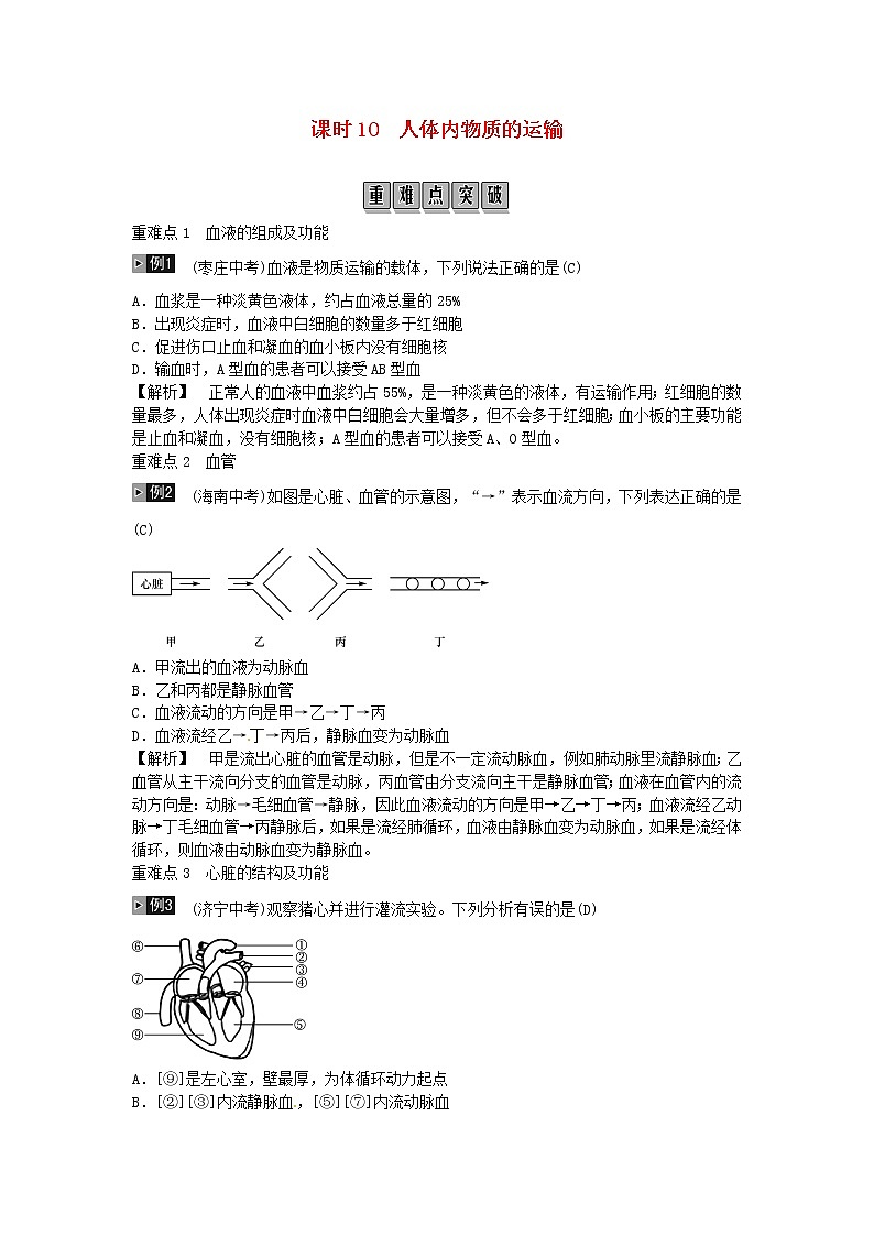 初中生物中考复习 2019年中考生物总复习主题四生物圈中的人课时10人体内物质的运输01