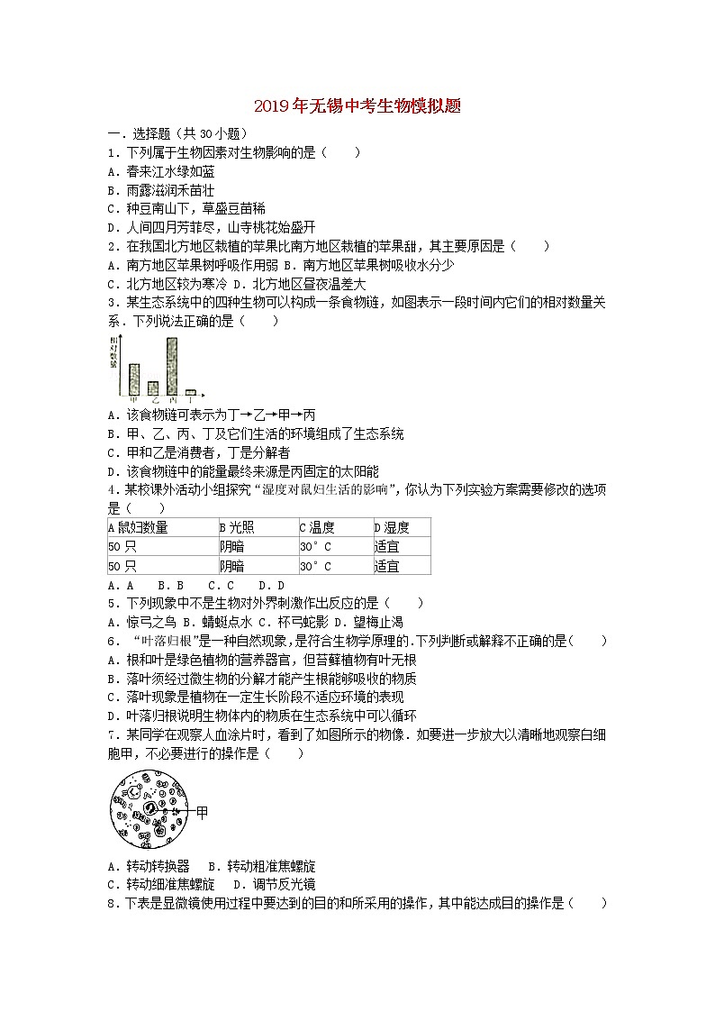 初中生物中考复习 江苏省无锡市2019年中考生物模拟题第1页