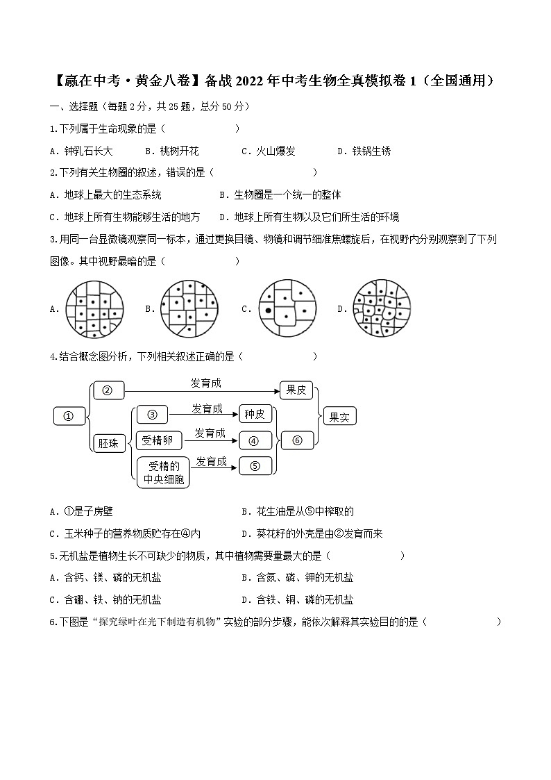 初中生物中考复习 黄金卷1-【赢在中考·黄金八卷】备战2022年中考生物全真模拟卷（全国通用）（原卷版）01
