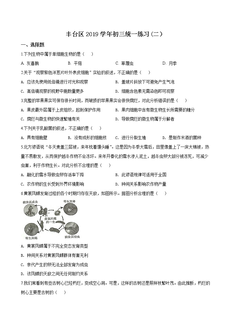 初中生物中考复习 精品解析：2019年北京市丰台区九年级二模生物试题（原卷版）第1页