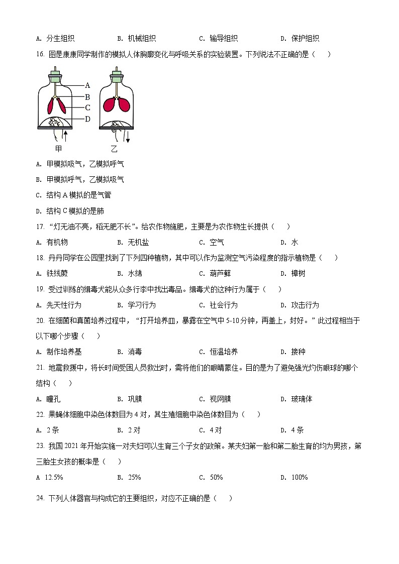 初中生物中考复习 精品解析：2022年湖南省怀化市中考生物真题（原卷版）03