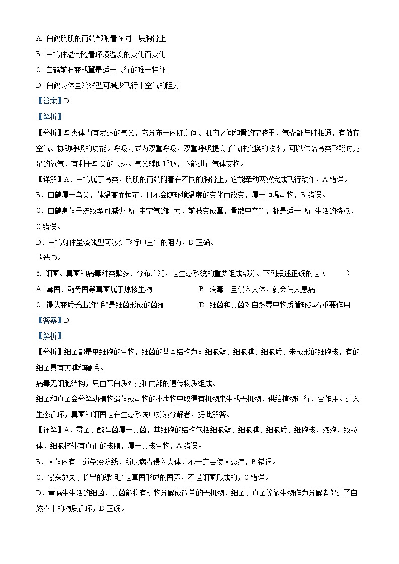 初中生物中考复习 精品解析：2022年湖北省咸宁市中考生物真题（解析版）03
