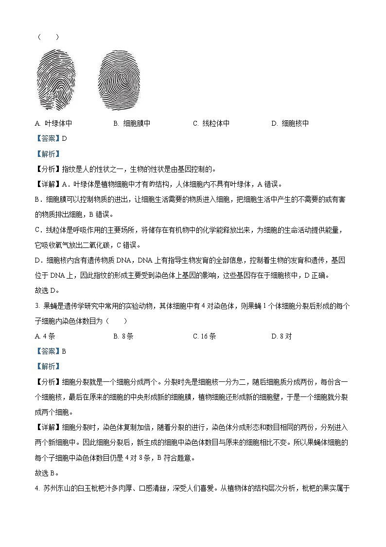 初中生物中考复习 精品解析：2022年江苏省苏州市中考生物真题（解析版）02