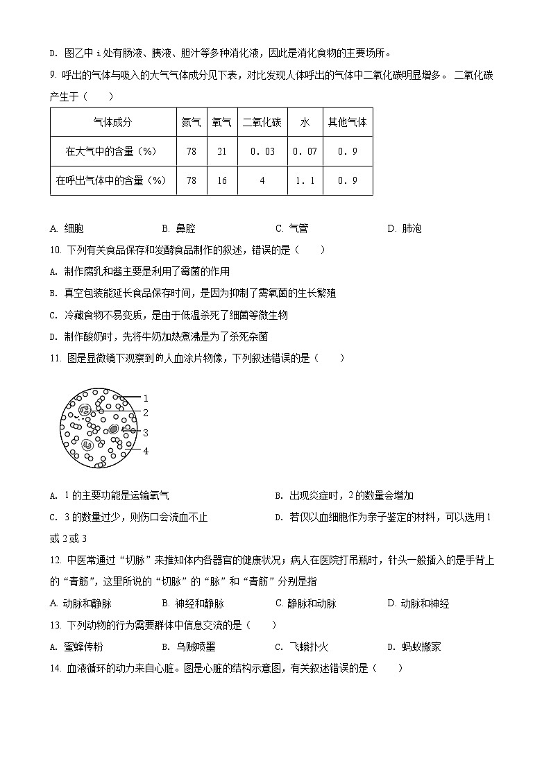 初中生物中考复习 精品解析：2022年山东省聊城市中考生物真题（原卷版）03