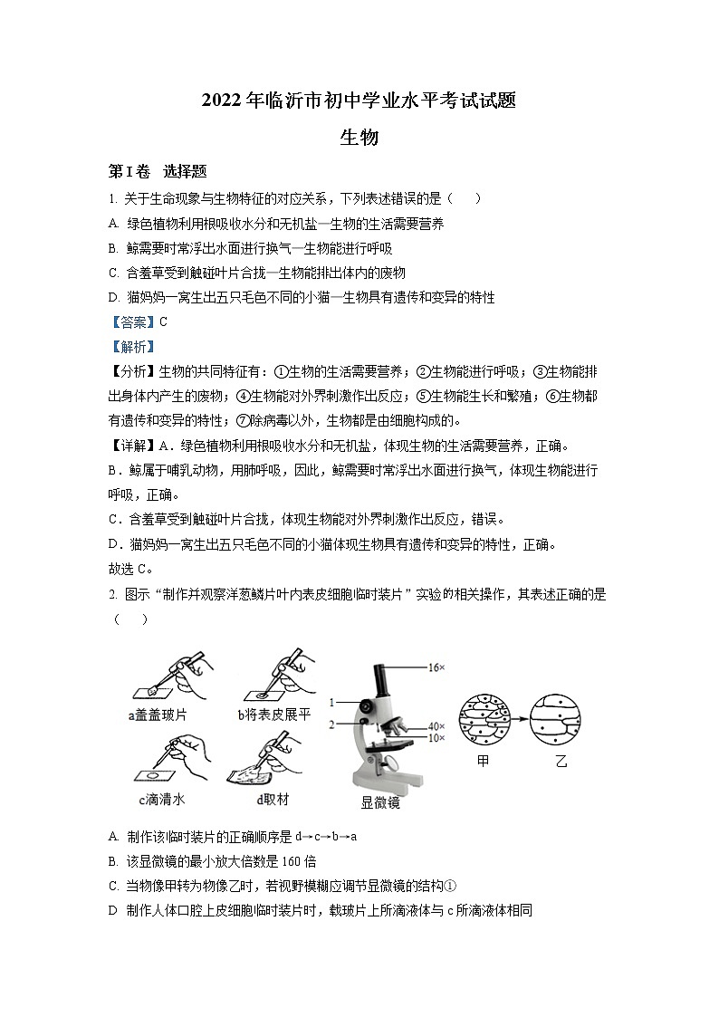 初中生物中考复习 精品解析：2022年山东省临沂市中考生物真题（解析版）第1页
