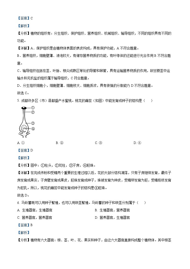 初中生物中考复习 精品解析：2022年四川省成都市中考生物真题（解析版）03