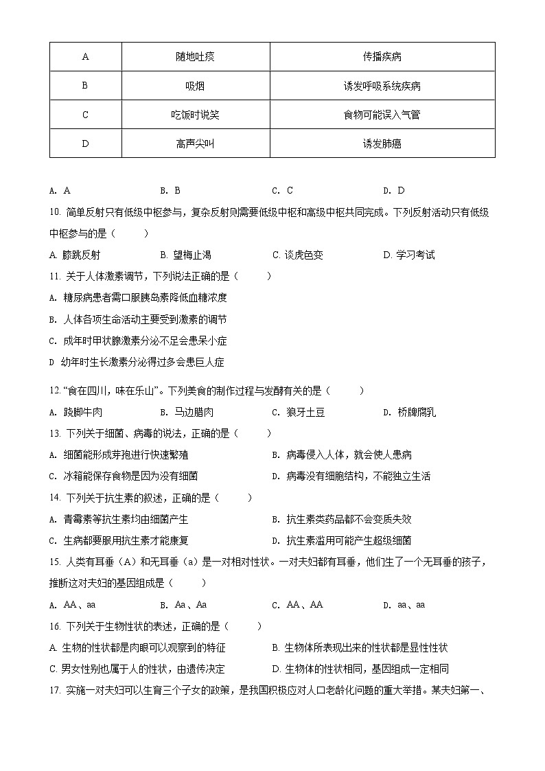 初中生物中考复习 精品解析：2022年四川省乐山市中考生物真题（原卷版）02