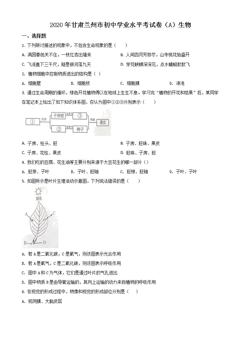 初中生物中考复习 精品解析：甘肃省兰州市2020年中考生物试题（A）（原卷版）第1页