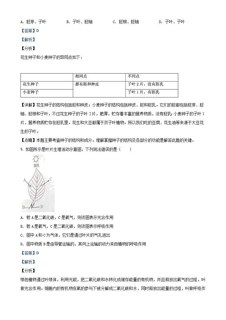 初中生物中考复习 精品解析：甘肃省兰州市2020年中考生物试题（A）（解析版）03