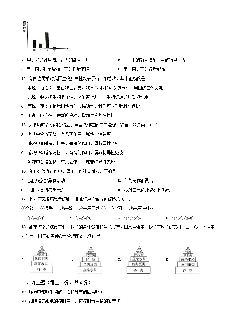 初中生物中考复习 精品解析：甘肃省天水市2020年生物中考试题（原卷版）03