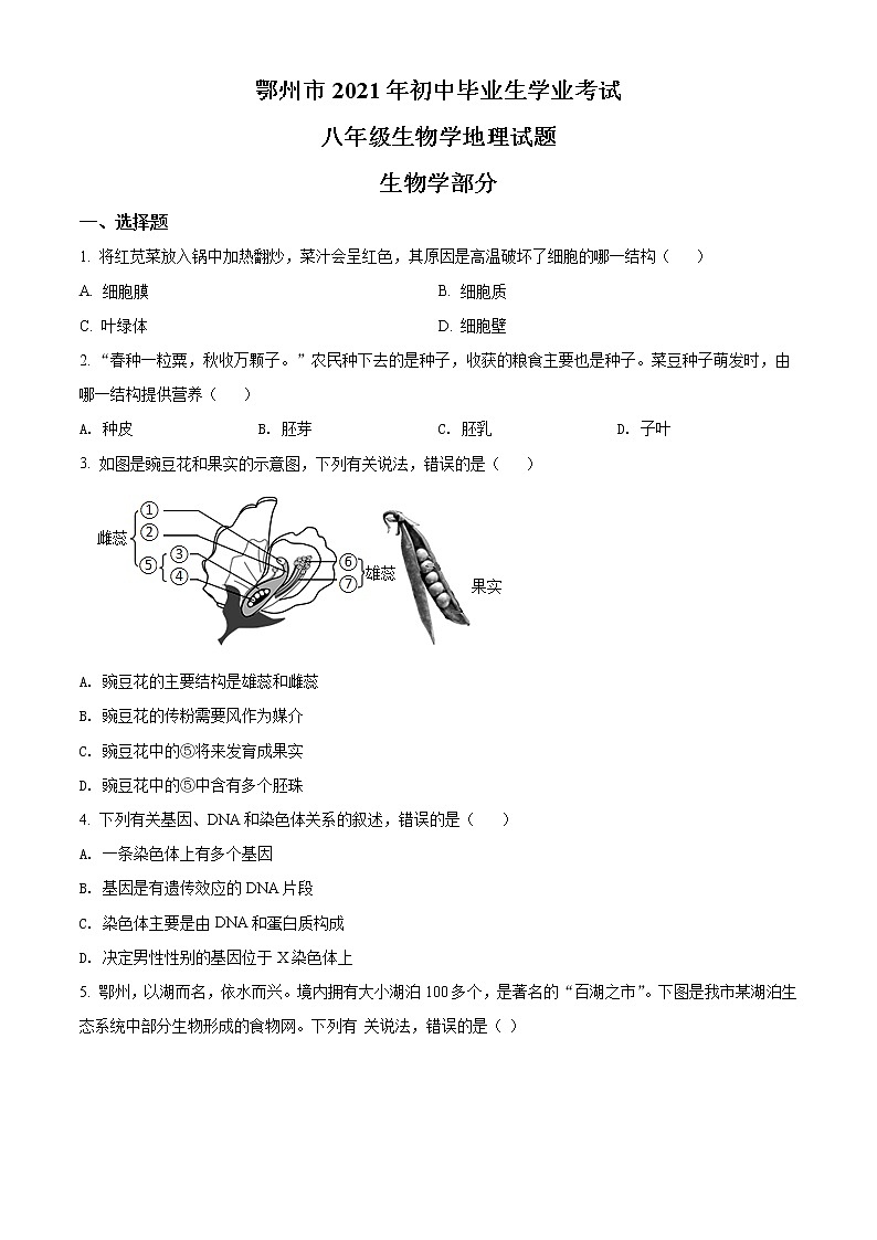 初中生物中考复习 精品解析：湖北省鄂州市2021年中考生物试题（原卷版）第1页
