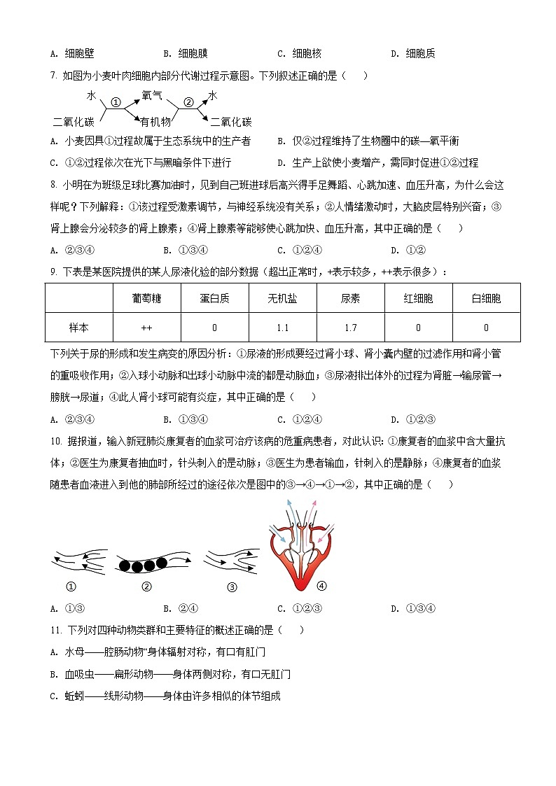 初中生物中考复习 精品解析：湖北省宜昌市2021年中考生物试题（原卷版）第2页