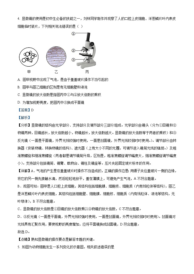 初中生物中考复习 精品解析：湖南省衡阳市2021年中考生物试题（解析版）03