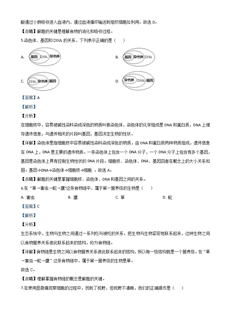 初中生物中考复习 精品解析：辽宁省沈阳市2020年中考生物试题（解析版）03