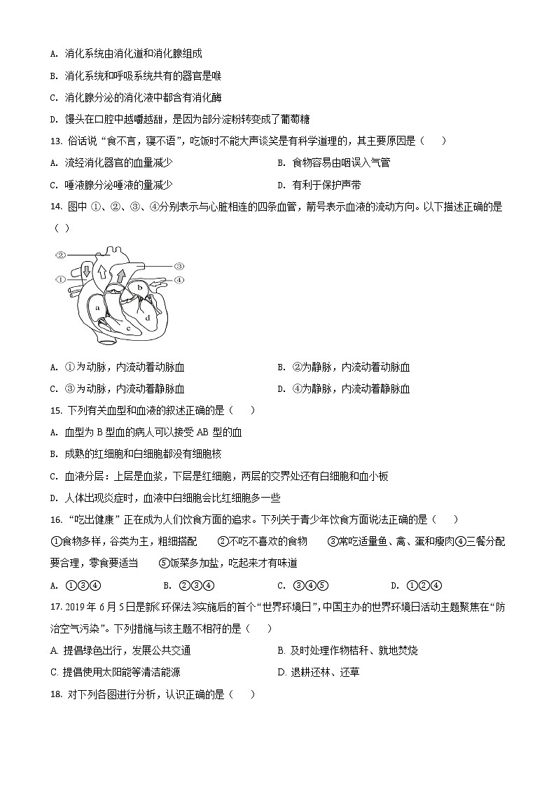 初中生物中考复习 精品解析：内蒙古赤峰市2020年中考生物试题（原卷版）03