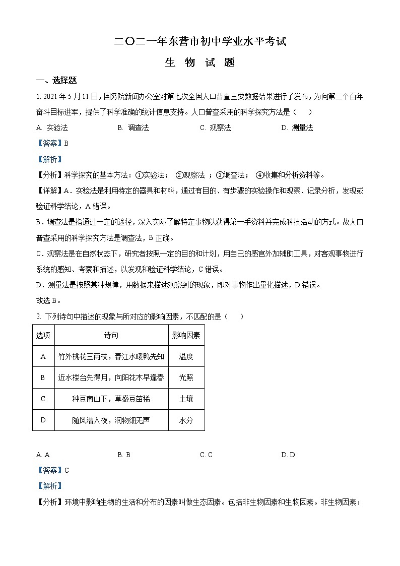 初中生物中考复习 精品解析：山东省东营市2021年中考生物试题（解析版）01