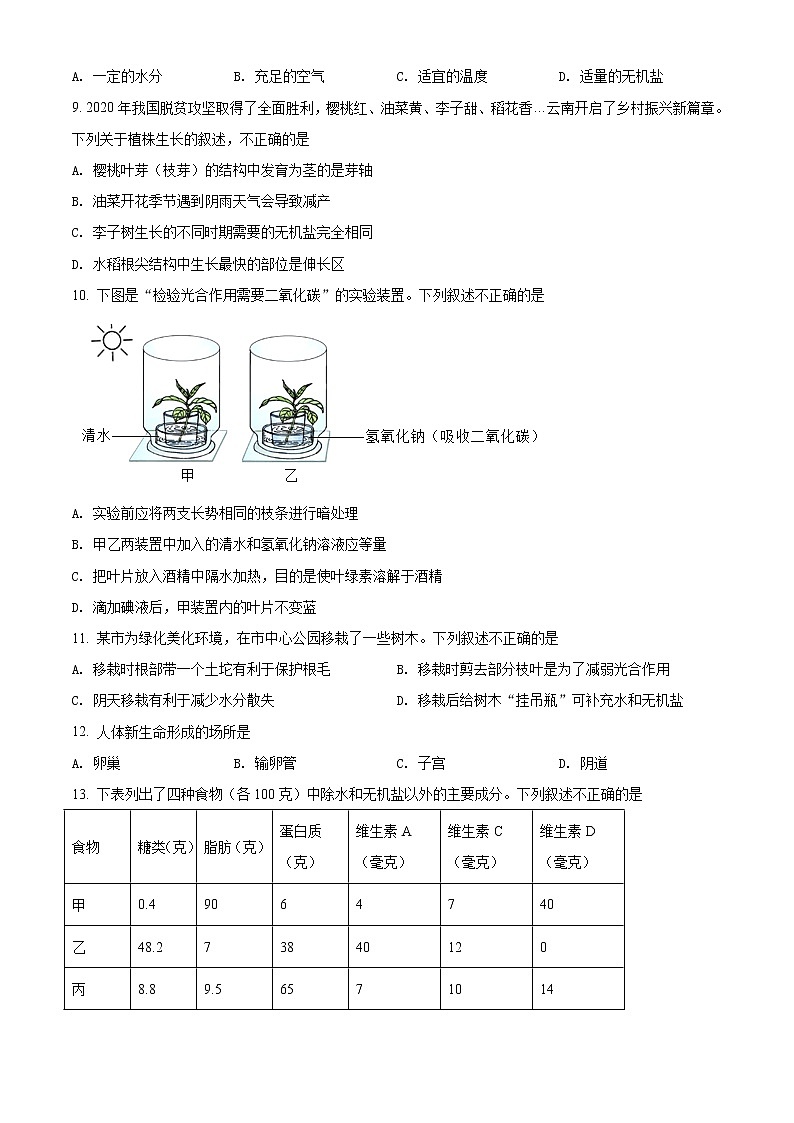 初中生物中考复习 精品解析：云南省2021年中考生物试题（原卷版）02
