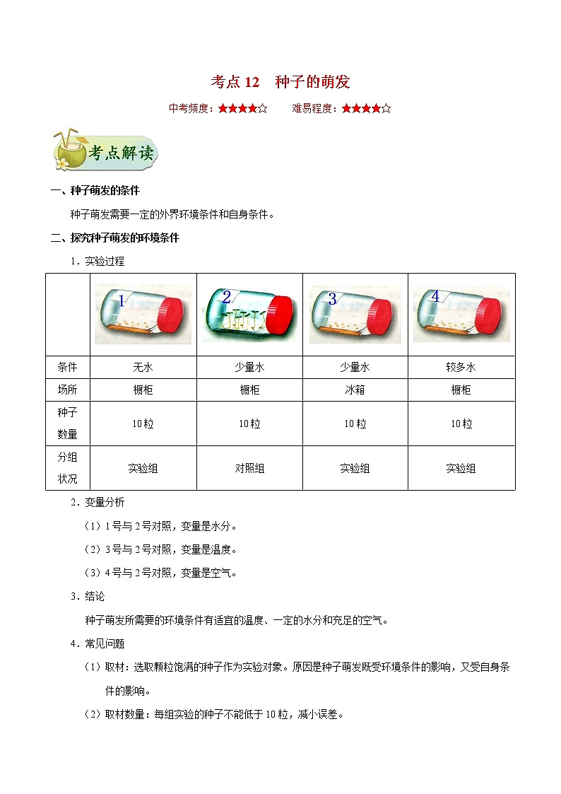 初中生物中考复习 考点12 种子的萌发-备战2021年中考生物考点一遍过第1页
