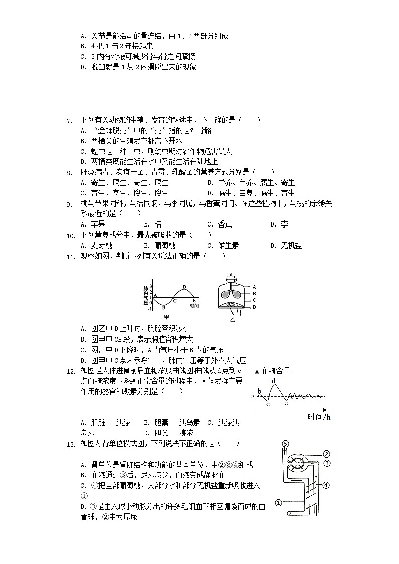初中生物中考复习 山东省菏泽市单县2019年中考生物二模试卷（含解析）02