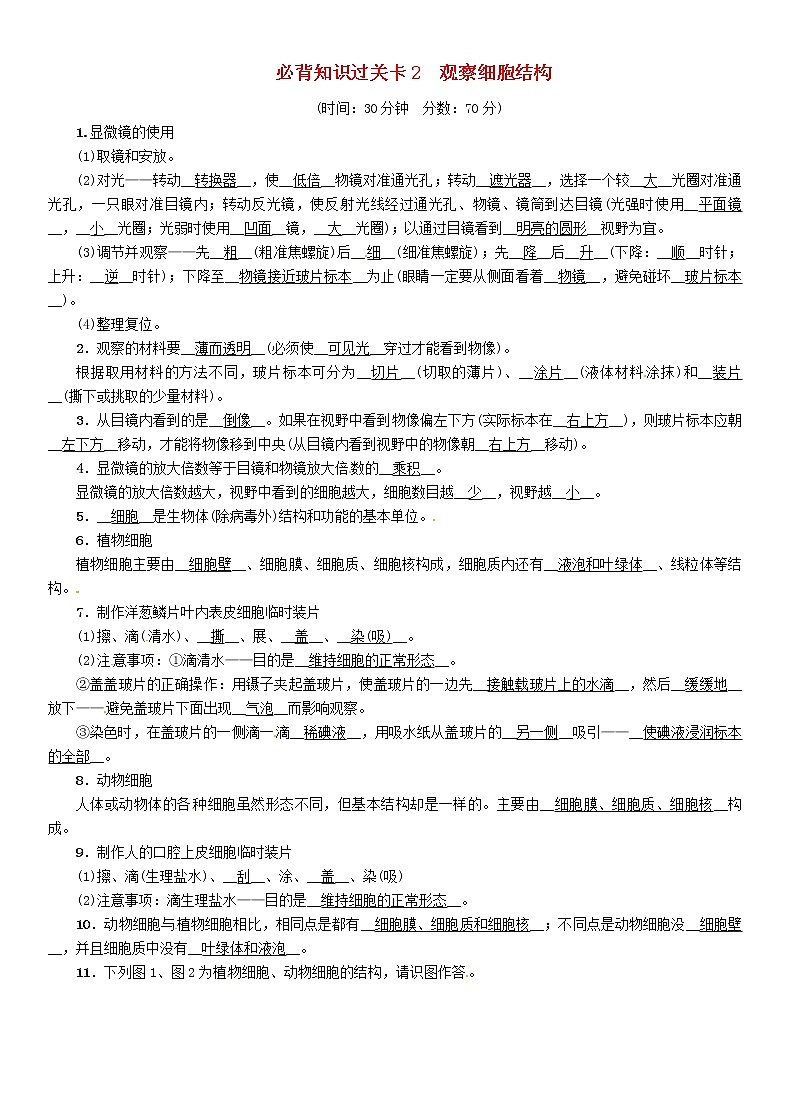 初中生物中考复习 中考生物总复习必背知识过关卡2观察细胞结构 试卷01