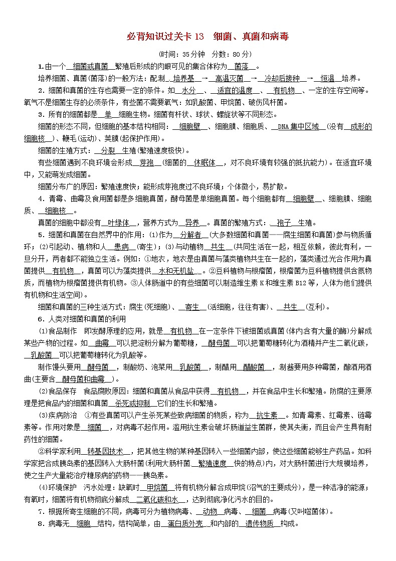 初中生物中考复习 中考生物总复习必背知识过关卡13细菌真菌和簿 试卷01