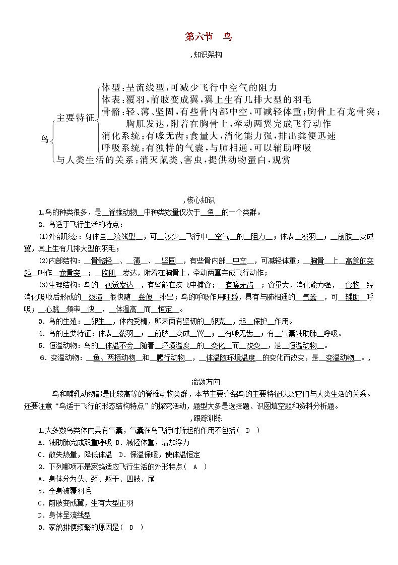 初中生物中考复习 中考生物总复习第6节鸟精讲 试卷01