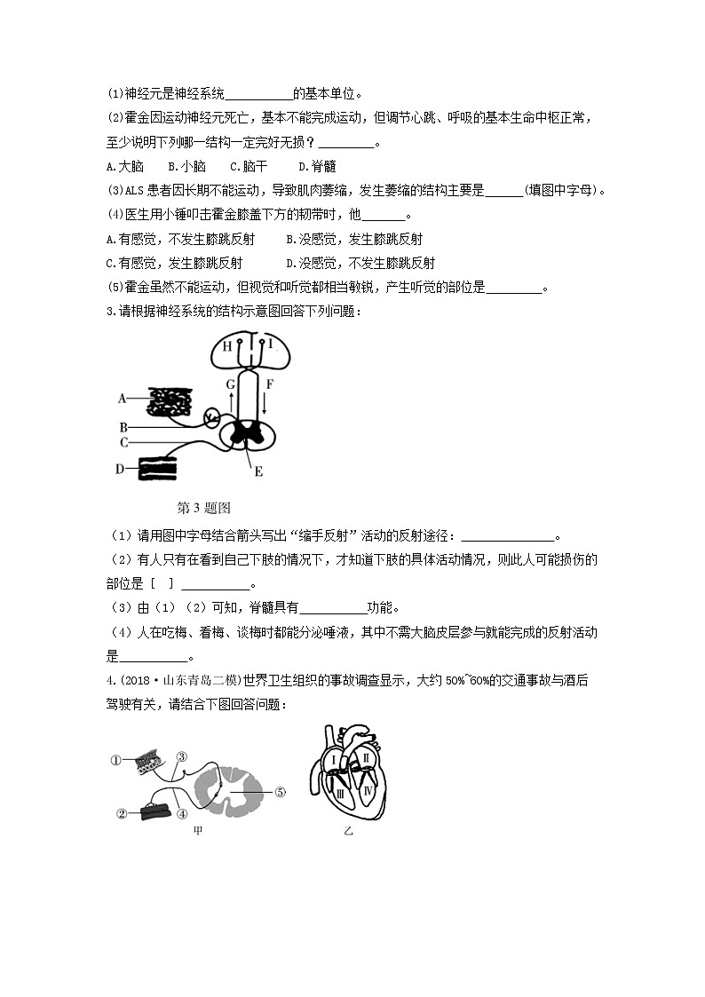 初中生物中考复习 中考生物总复习第二部分重点题型探究题型二识图题第九类神经系统的组成与生理活动习题02