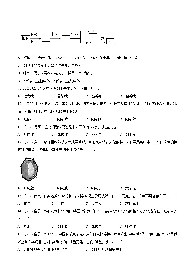 初中生物中考复习 专题02 生物体的结构层次-2022年中考生物真题分项汇编 （全国通用）（原卷版）03