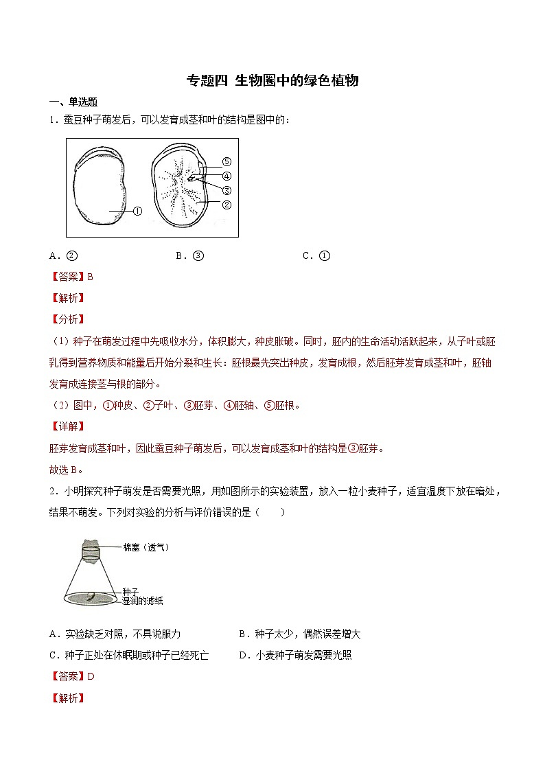 初中生物中考复习 专题04 生物圈中的绿色植物（综合提分练）-【过专题】2022年中考生物二轮精准高效复习（解析版）第1页