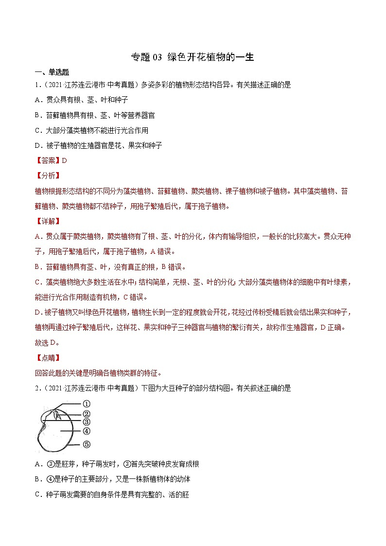 初中生物中考复习 专题03 绿色开花植物的一生-2021年中考生物真题分项汇编（全国通用）（第1期）（解析版）第1页