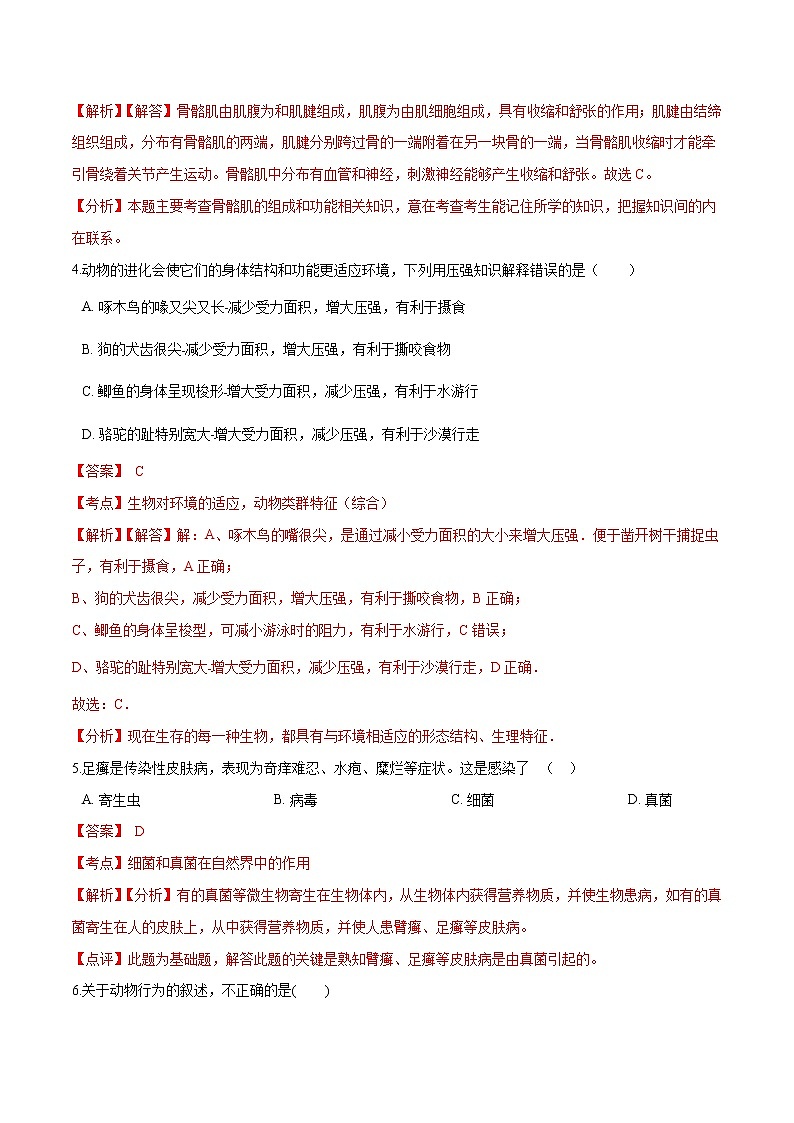 初中生物中考复习 专题08 生物圈中的其他生物-冲刺2020年中考生物易错点集中专项训练（解析版）02