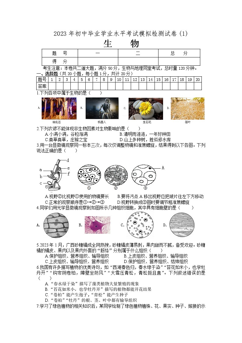 2023年湖南省张家界市一模生物试题01
