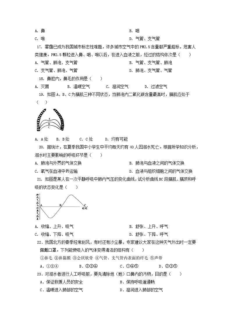 单元复习03 人体的呼吸【专项练习】——2022-2023学年人教版生物七年级下册单元综合复习（原卷版+解析版）03
