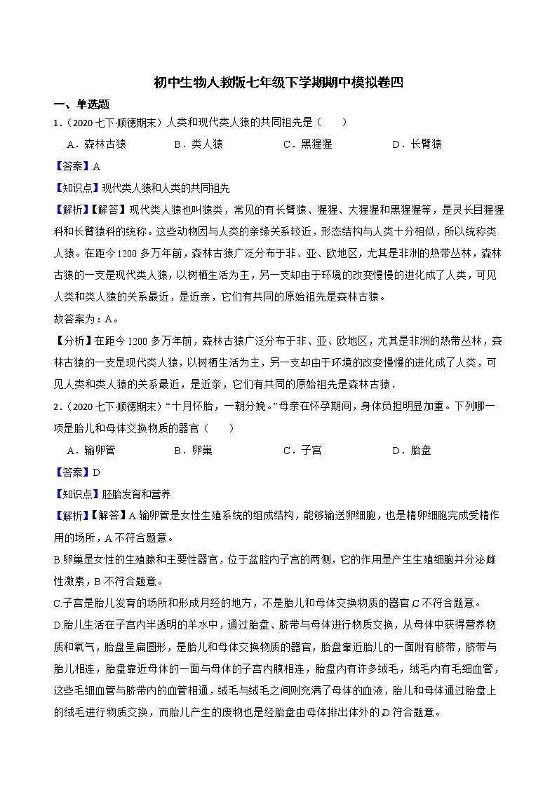 人教版生物七年级下册期中模拟卷（教师版+学生版）01