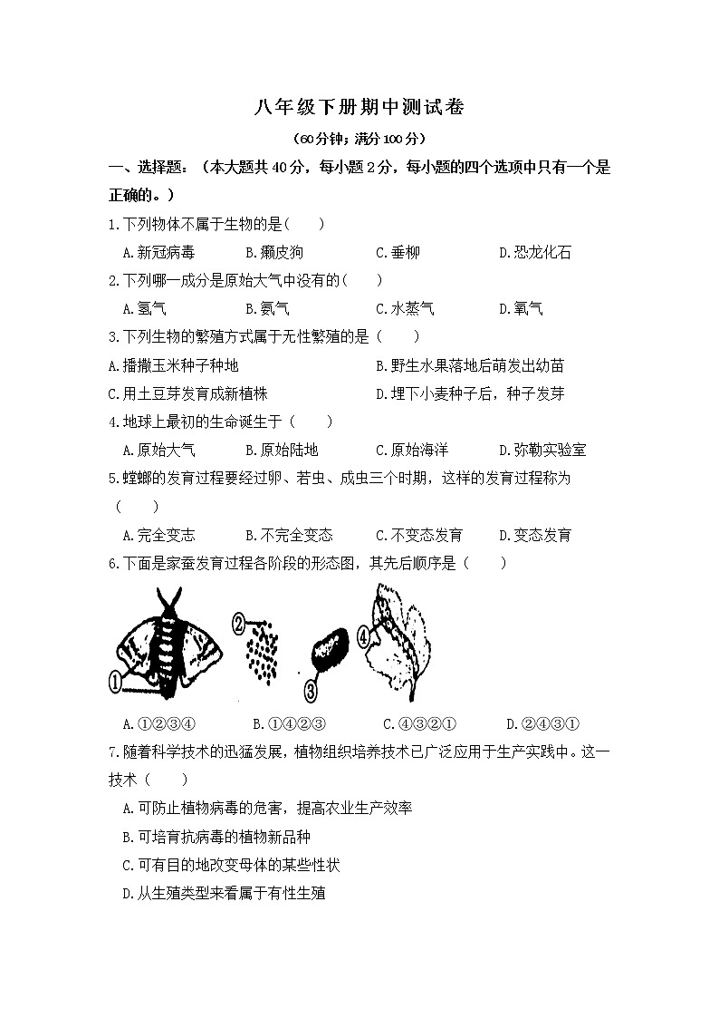 冀教版生物八年级下册期中模拟测试卷（二）（含答案）第1页