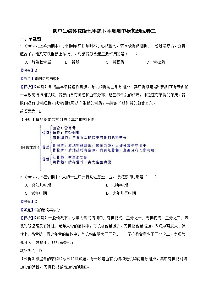 苏教版生物七年级下册期中模拟卷(教师版)第1页